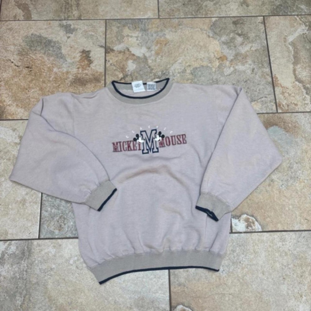 Vintage Disney Mickey Mouse Embroidered Sweatshirt Beige Navy Large 90s RN61626